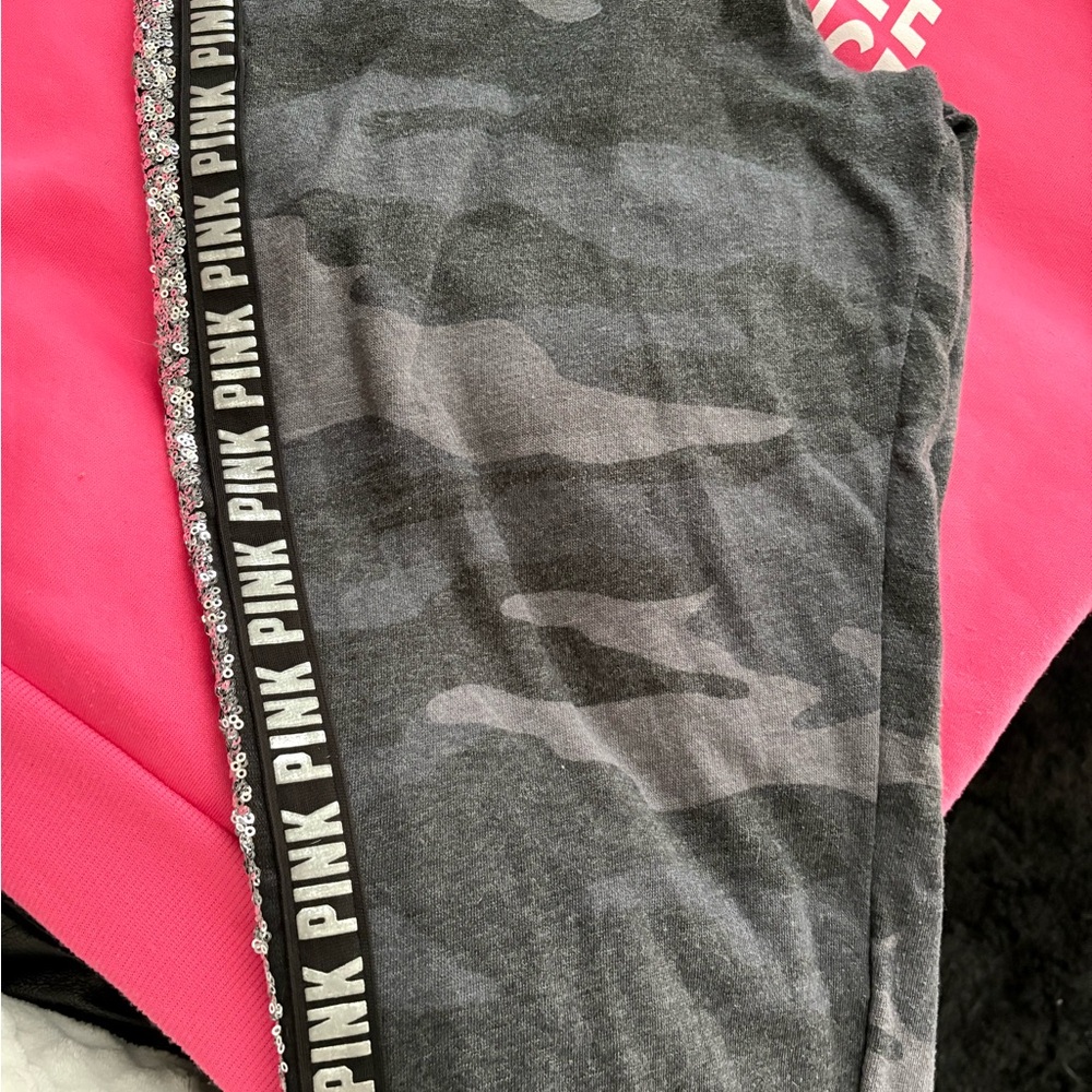 PINK Victoria's Secret Gray and Pink Sweatpants with Sporty Stripe